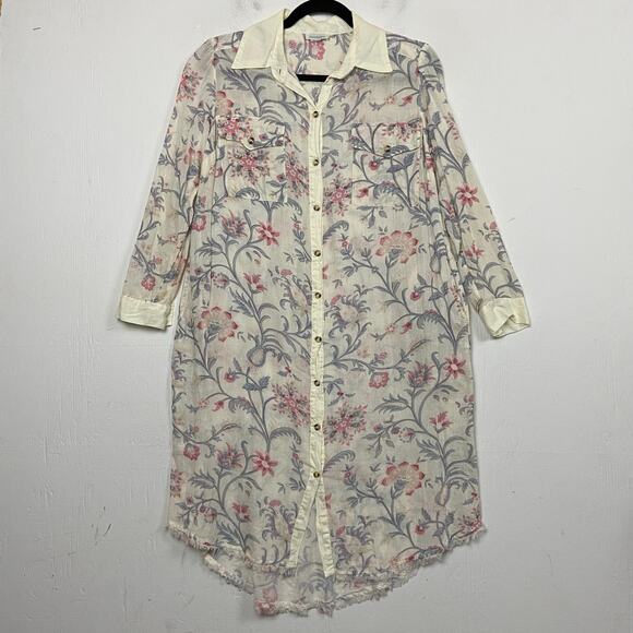 Sundance Fleur Chateau 100% Cotton Cream Pink Fray Floral Midi Dress Medium - Picture 2 of 13